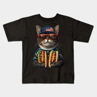 American Shorthair Hotdog Funny Patriotic 4th of July Cat Lover Kids T-Shirt